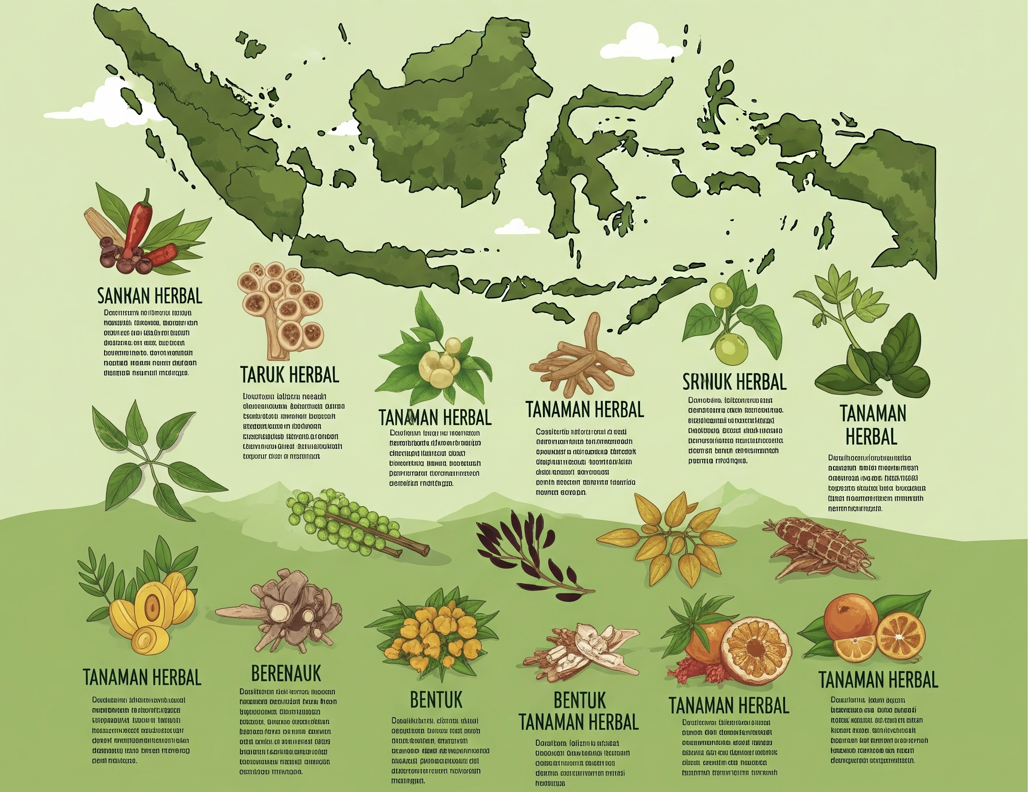 Peta Indonesia dengan simbol tanaman herbal di atasnya.