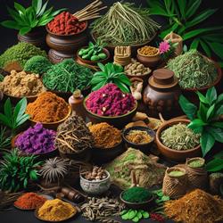 Berbagai bahan-bahan jamu tradisional yang tersusun rapi.
